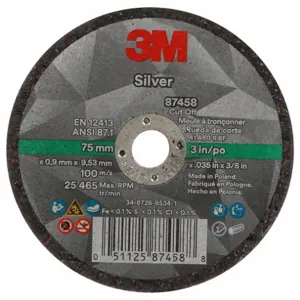 3M 87458 Abrasive Cut Off Wheel, 3 Inch Diameter, Ceramic Grain, 0.035 Inch Thick, Type 1 | CF2UHJ 450Y17