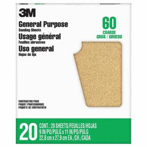 3M 87591NA-20 Sandpaper Sheet, 9 Inch Width X 11 Inch Length, Aluminum Oxide, 60 Grit | CN7WDY 804CV3