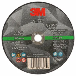 3M 87657 Abrasive Cut Off Wheel, 4 Inch Diameter, Ceramic Grain, 0.125 Inch Thick, Type 1 | CF2UGZ 480P44