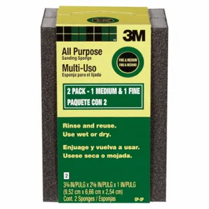 3M CP-2P-ESF Sanding Sponge, 2 5/8 Inch X 3 3/4 X 1 Inch Size, Aluminum Oxide, Fine/Medium, 2Pk | CN7WBT 804CP5