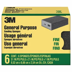 3M CP001-6P-CC Sanding Sponge, 2 5/8 Inch X 3 3/4 X 1 Inch Size, Aluminum Oxide, Fine, 6Pk | CN7WBM 804CR0