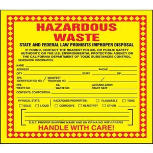 ACCUFORM SIGNS MHZWCAEVC California Hazardous Waste Label - Pack Of 100 | AF4BJN 8NM08