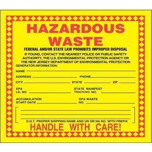 ACCUFORM SIGNS MHZWNJEVL New Jersey Hazardous Waste Label - Pack Of 250 | AF4VMG 9LG06