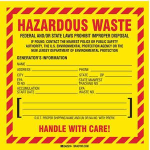 BRADY 121144 New Jersey-Etikett für gefährliche Abfälle – 100 Stück | AA7GWD 15Y483
