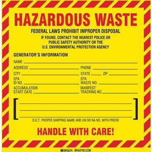 BRADY 121155 Hazardous Waste Label 6 Inch H - Pack Of 50 | AE3AUU 5AH44