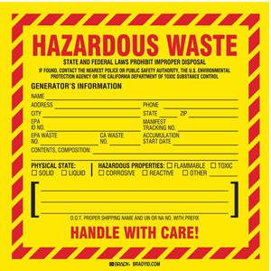BRADY 121152 California Hazardous Waste Label - Pack Of 100 | AA7GWC 15Y482