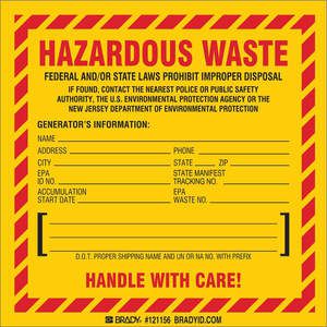 BRADY 121156 Hazardous Waste Label NJ Specific PK50 | AG9KTM 20TD74