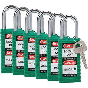 BRADY 123398 Lockout-Vorhängeschloss mit unterschiedlichem Schlüssel, grün, 1/4 Zoll – 6er-Pack | AC8EKE 39N264