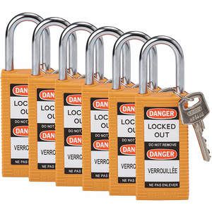BRADY 123427 Lockout-Vorhängeschloss, gleichschließend, Orange, 1/4 Zoll, 6er-Pack | AC8ELA 39N283