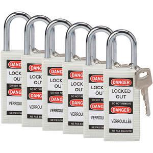 BRADY 123404 Lockout-Vorhängeschloss mit unterschiedlichem Schlüssel, weiß, 1/4 Zoll – 6er-Pack | AC8EKK 39N269