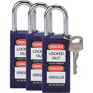 BRADY 123421 Lockout Padlock Keyed Alike Purple 1/4 Inch - Pack Of 3 | AC8EKU 39N277