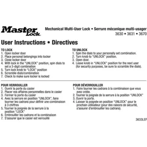 MASTER LOCK 3633LEF Instruction Magnet English/french Pk10 | AG2MXM 31MH12