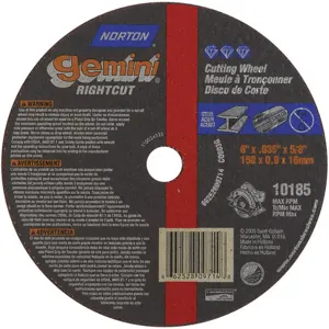 NORTON ABRASIVES 66252809714 CutOff Wheel Gemini 6 x.035 x5/8 10185rpm | AH2DYZ 25TZ29