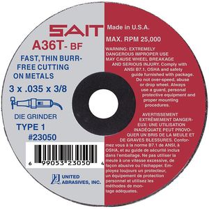 UNITED ABRASIVES-SAIT 23040 Abrasive Cut Wheel 3 Inch Diameter 0.625 Inch T 3/8 Inch Arbor Hole | AE4MMA 5LUA1