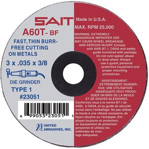 UNITED ABRASIVES-SAIT 23051 Abrasive Cut Wheel 3 Inch Diameter 0.035 Inch T 3/8 Inch Arbor Hole | AE4MMF 5LUA6