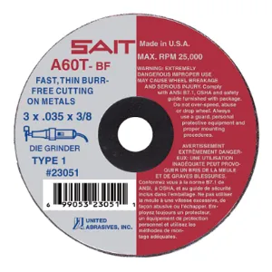 UNITED ABRASIVES-SAIT 23051 Abrasive Cut Wheel 3 Inch Diameter 0.035 Inch T 3/8 Inch Arbor Hole | AE4MMF 5LUA6