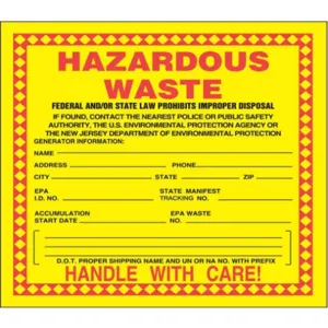 ACCUFORM SIGNS MHZWNJEVL New Jersey Hazardous Waste Label - Pack Of 250 | AF4VMG 9LG06