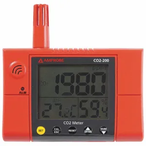 AMPROBE CO2-200 Wall-Mounted Carbon Dioxide Meter, LCD, 380 to 2000 ppm CO2 Concentration, 14 to 140 Deg F | CN8KTH 5AER7