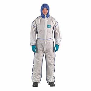 ANSELL WN18-B-92-195-09 Hooded Chemical Resistant Coveralls, Microchip 1800, Bound Seam, White/Blue, 5XL, 25 PK | CT3MDE 491M55