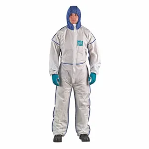 ANSELL WN18-B-92-195-05 Hooded Chemical Resistant Coveralls, Microgard 1800, Bound Seam, White/Blue, XL, 25 PK | CT3MDJ 491M51