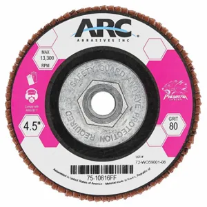 ARC ABRASIVES 75-10823FF Flap Disc, Type 27, 4 1/2 Inch x 7/8 Inch, Ceramic, 36 Grit, Fiberglass Bk, Std Density | CN8QBL 804AZ7