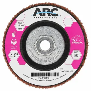 ARC ABRASIVES 75-10856FF Flap Disc, Type 27, 7 Inch x 5/8 11, Ceramic, 80 Grit, Fiberglass Bk, Std Density | CN8QCM 804C73