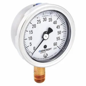 ASHCROFT 251009AWL02L60# Industrial Pressure Gauge, 0 To 60 PSI, 2 1/2 Inch Dial, Liquid-Filled, 1/4 Inch Npt Male | CN8XUP 33HR70