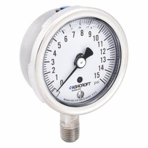 ASHCROFT 251009SWL02L15# Industrial Pressure Gauge, 0 To 15 PSI, 2 1/2 Inch Dial, Liquid-Filled, 1/4 Inch Npt Male | CN8XTH 33HT25
