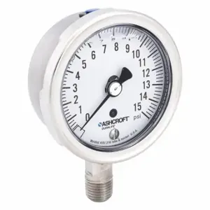 ASHCROFT 251009SWL02L15# Industrial Pressure Gauge, 0 To 15 PSI, 2 1/2 Inch Dial, Liquid-Filled, 1/4 Inch Npt Male | CN8XTH 33HT25