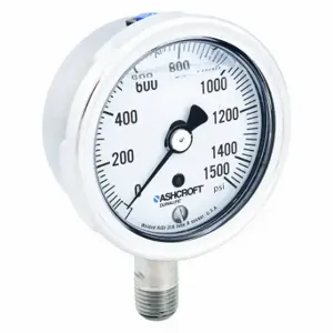 ASHCROFT 251009SWL02L1500# Industrial Pressure Gauge, 0 To 1, 500 PSI, 2 1/2 Inch Dial, Liquid-Filled | CN8XTC 33HT34