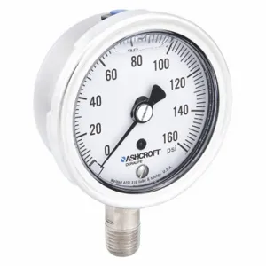 ASHCROFT 251009SWL02L160# Industrial Pressure Gauge, 0 To 160 PSI, 2 1/2 Inch Dial, Liquid-Filled, 1/4 Inch Npt Male | CN8XTM 33HT29