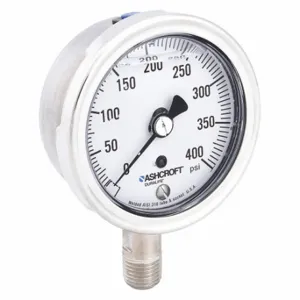 ASHCROFT 251009SWL02L400# Industrial Pressure Gauge, 0 To 400 PSI, 2 1/2 Inch Dial, Liquid-Filled, 1/4 Inch Npt Male | CN8XUH 33HT31