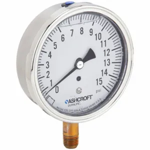 ASHCROFT 351009AWL02L15# Industrial Pressure Gauge, 0 To 15 PSI, 3 1/2 Inch Dial, Liquid-Filled, 1/4 Inch Npt Male | CN8XTL 33HR80