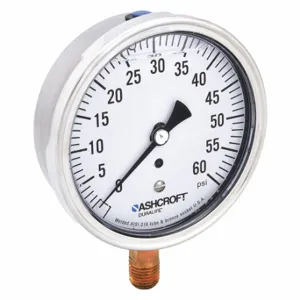 ASHCROFT 351009AWL02L60# Industrial Pressure Gauge, Corrosion-Resistant Case, 0 To 60 Psi, 3 1/2 Inch Dial, Bottom | CN8XVP 33HR82