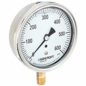 ASHCROFT 351009AWL02L600# Industrial Pressure Gauge, Corrosion-Resistant Case, 0 To 600 Psi, 3 1/2 Inch Dial, Bottom | CN8XYQ 33HR87