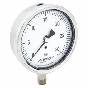 ASHCROFT 351009SW02L30# Industrial Pressure Gauge, 0 To 30 Psi, 3 1/2 Inch Dial, 1/4 Inch Npt Male, Bottom, 1009 | CN8XUA 33HT10