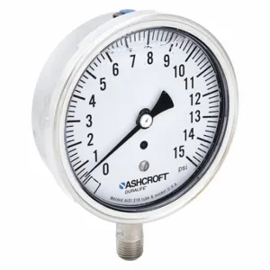 ASHCROFT 351009SWL02L15# Industrial Pressure Gauge, 0 To 15 PSI, 3 1/2 Inch Dial, Liquid-Filled, 1/4 Inch Npt Male | CN8XYP 33HT41