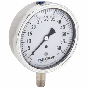 ASHCROFT 351009SWL02L60# Industrial Pressure Gauge, 0 To 60 PSI, 3 1/2 Inch Dial, Liquid-Filled, 1/4 Inch Npt Male | CN8XUT 33HT43