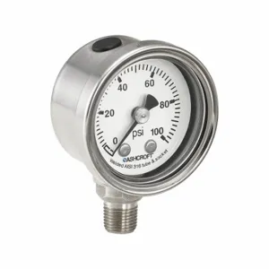 ASHCROFT 401008SL01L100# Pressure Gauge, Corrosion-Resistant Case, 0 To 100 PSI, 1 1/2 Inch Dial, 1/8 Inch Npt Male | CN8YJC 787NK6