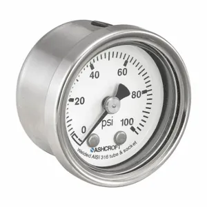 ASHCROFT 401008SL01B100# Pressure Gauge, Corrosion-Resistant Case, 0 To 100 PSI, 1 1/2 Inch Dial, 1/8 Inch Npt Male | CN8YJE 787NK0