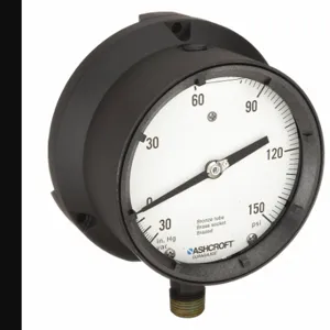 ASHCROFT 451379ASL04LVAC/150# Process Pressure Gauge, 30 To 0 To 150 Inch Hg/Psi, White, 4 1/2 Inch DiaL, Liquid-Filled | CN8XXW 6WZU6