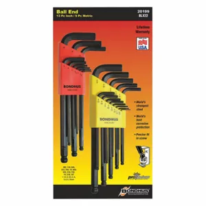 BONDHUS 20199 Hex Key Set, L, Metric and SAE, Long, 22 Pieces, Alloy Steel, Black Oxide, 1 Tips, Hex | CP6JJN 25EJ23