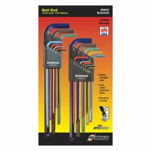 BONDHUS 69600 Hex Key Set, L, Metric and SAE, Extra Long, 22 Pieces, Alloy Steel, Color Coded, 1 Tips | CP6JJM 453U56