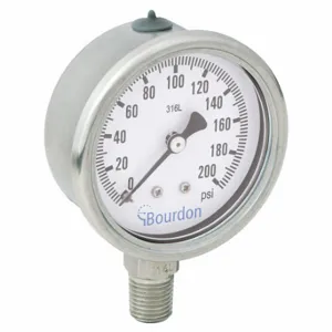 BOURDON MEX3-D50.H23/0133 Industrial Pressure Gauge, 0 To 200 Psi, 2 1/2 Inch Dial, 1/4 Inch Npt Male, Bottom, Mex3 | CP2AHX 437U55