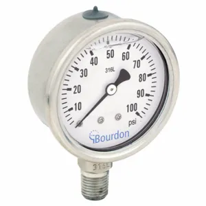 BOURDON MEX3-D52.H21/0133 Industrial Pressure Gauge, 0 To 100 PSI, 2 1/2 Inch Dial, Liquid-Filled, 1/4 Inch Npt Male | CP2AHQ 437U59