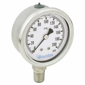 BOURDON MEX3-D52.H23/0133 Industrial Pressure Gauge, 0 To 200 PSI, 2 1/2 Inch Dial, Liquid-Filled, 1/4 Inch Npt Male | CP2AHY 437U61