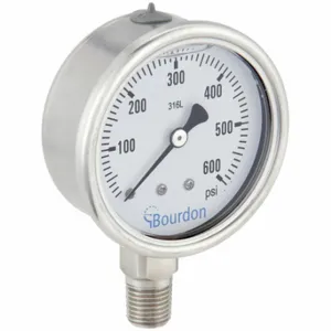 BOURDON MEX3-D52.H27/0133 Industrial Pressure Gauge, 0 To 600 PSI, 2 1/2 Inch Dial, Liquid-Filled, 1/4 Inch Npt Male | CP2AJV 437U64