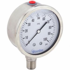 BOURDON MEX5-D62.H21/0133 Industrie-Manometer, 0 bis 100 PSI, 4-Zoll-Zifferblatt, flüssigkeitsgefüllt, 1/2 Zoll NPT-Außengewinde | CP2AHR 437U83