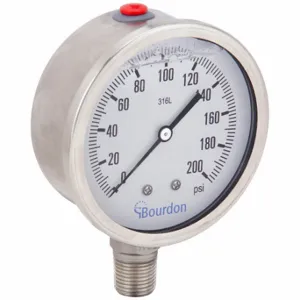 BOURDON MEX5-D62.H23/0133 Industrial Pressure Gauge, 0 To 200 PSI, 4 Inch Dial, Liquid-Filled, 1/2 Inch Npt Male | CP2AJA 437U85