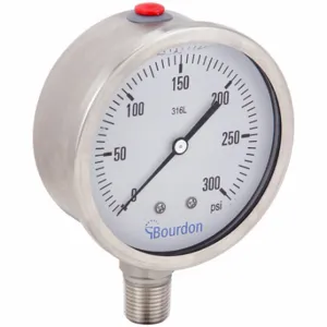 BOURDON MEX5-D62.H25/0133 Industrial Pressure Gauge, 0 To 300 PSI, 4 Inch Dial, Liquid-Filled, 1/2 Inch Npt Male | CP2AJK 437U86